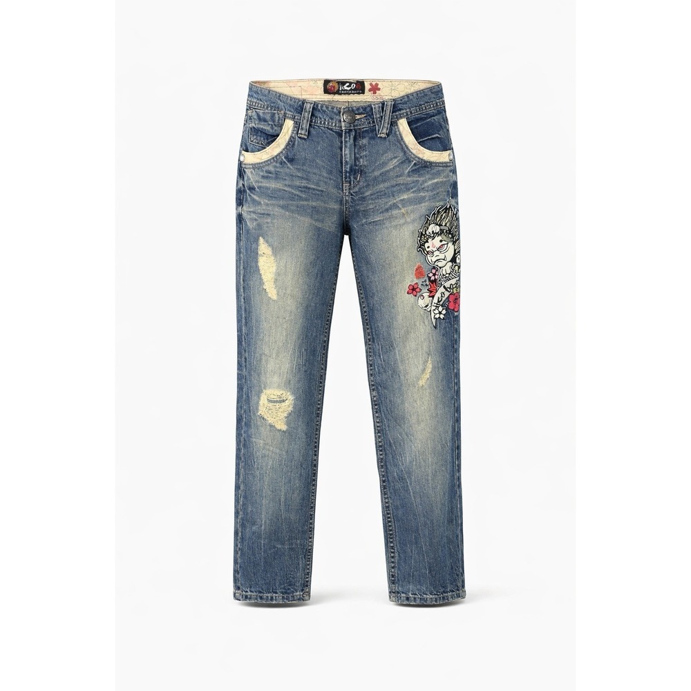 Y2K Jizo-Bosatsu Sakura Demon Embroidered Jeans 28 Fits 30
